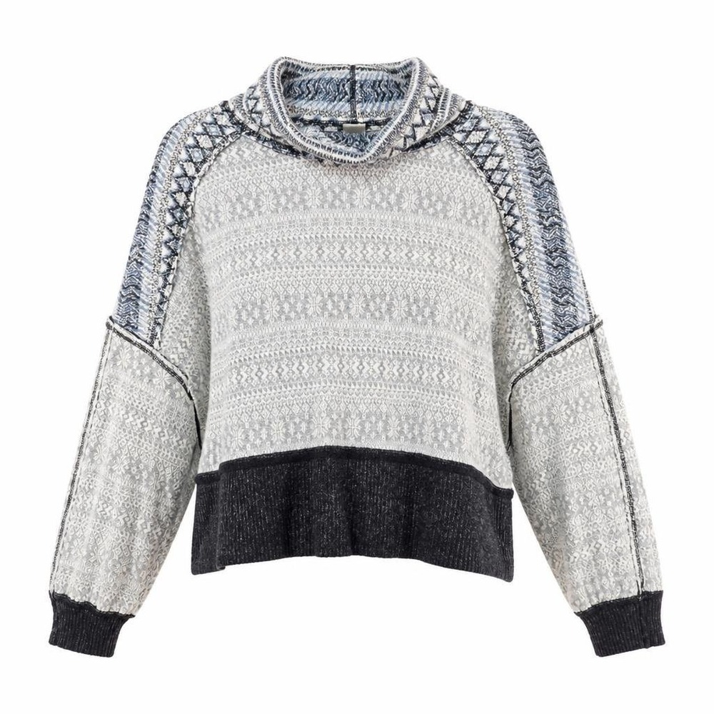 We The Free People Sweater Womens S Blue Fair Isle Cropped Cowl Neck Boho
